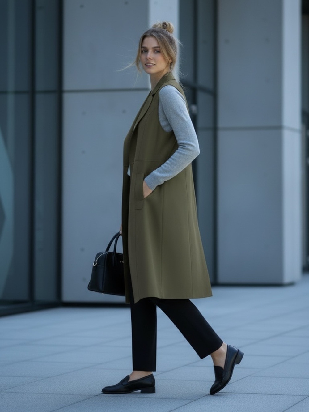 Joan Vass Olive Longline Sleeveless Vest - Picture 2 of 6